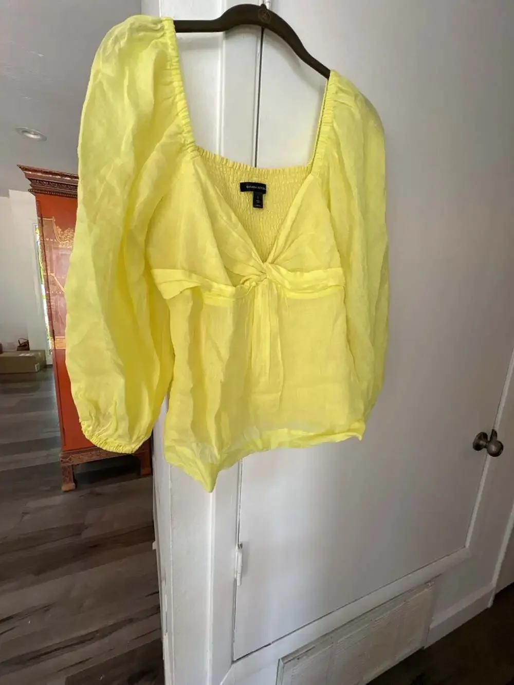 Banana Republic Yellow Twisted Front Puff Sleeve Smocked Square Neck Blouse